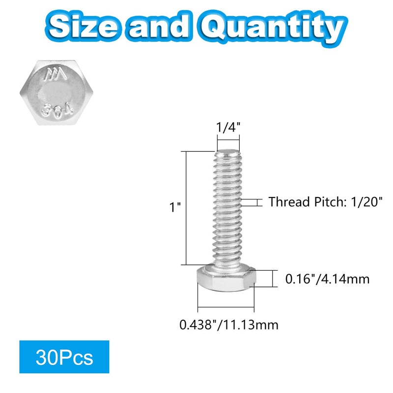 Yinpecly 30Pcs 1/4-20 x 1 Hex Bolts,1/4"-20 Hex Head Cap Screws Hexagon Bolts, 304 Stainless Steel, External Hex Drive, UNC Coarse Thread Fully Threaded - Image 2